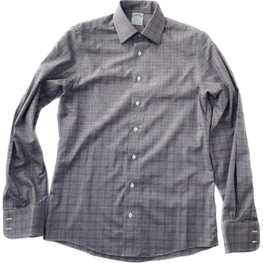brooks brothers Plaid Button Up Black White 14 1/2 34 Milano Fit Non-iron Cotton